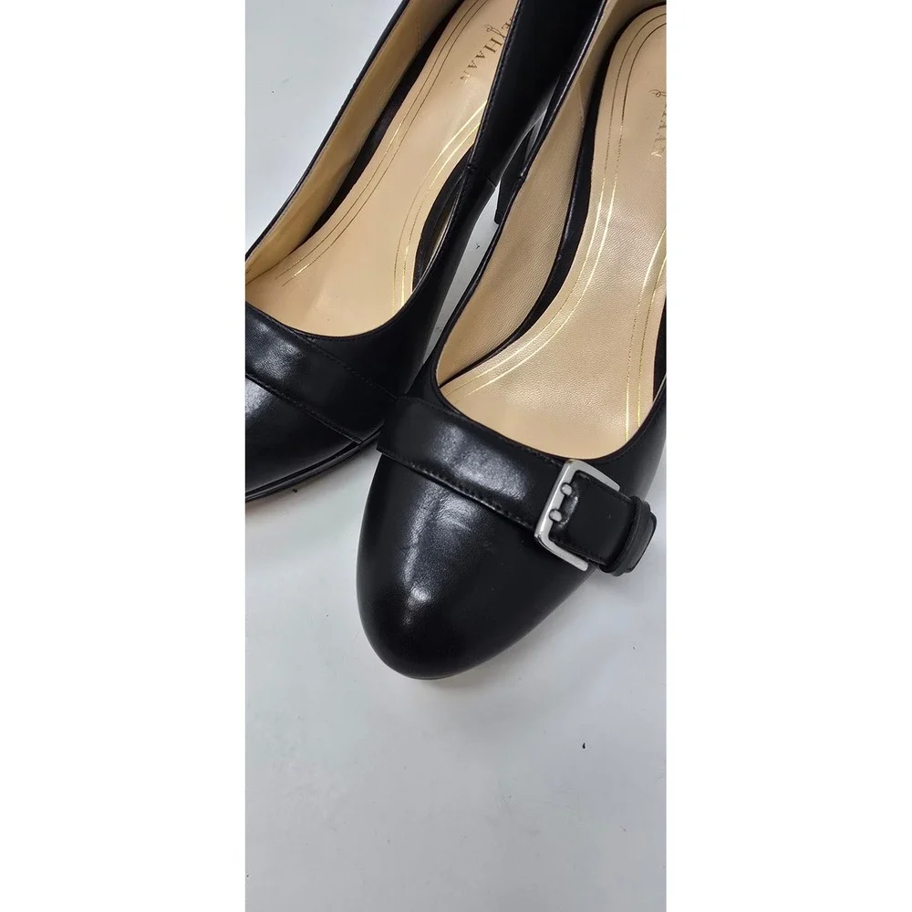 Cole Haan women 9.5B black Chelsea buckle pump Almond toe stiletto platform chic